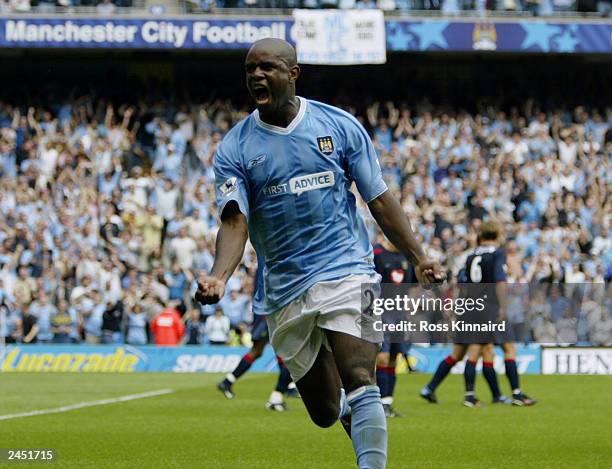 David Sommeil of Manchester City celebrates after scoring the equalising goal in the last minute during the FA Barclaycard Premiership match between...