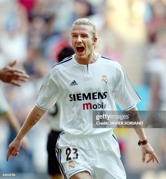 Real Madrid Briton David Beckham celebrates after scoring his first goal in a Liga match against Betis in Santiago Bernabeu stadium of Madrid 30...