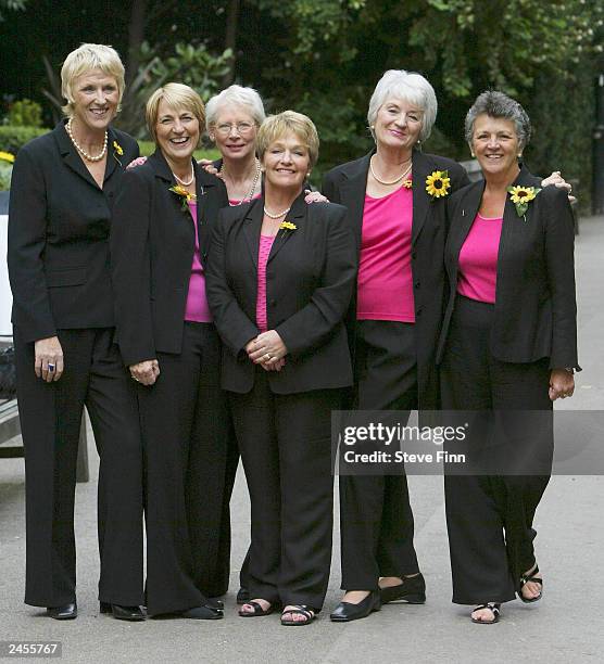 Original Calendar Girls Tricia Stewart, Angela Baker, Beryl Bamforth, Ross Fawcett, Lynda Logan and Christine Clancy take part in a photocall to...