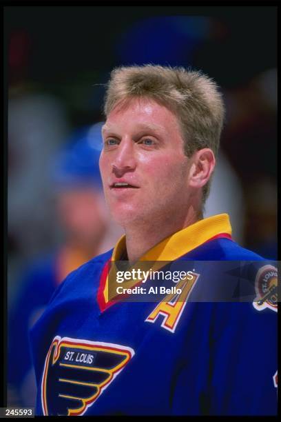 Right winger Brett Hull of the St. Louis Blues looks on during a game against the New Jersey Devils at the Continental Airlines Arena in East...