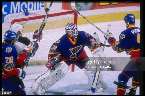 Goaltender Grant Fuhr of the St. Louis Blues in action during a game against the New Jersey Devils at the Continental Airlines Arena in East...