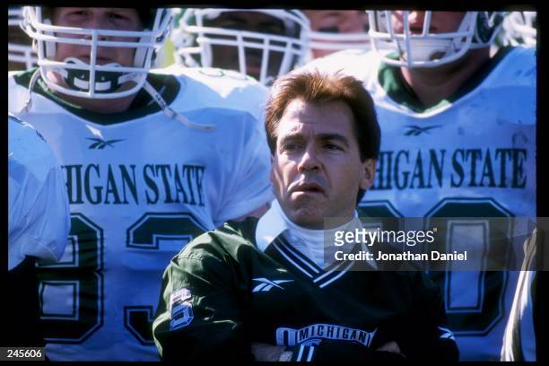 Head coach Nick Saban of the Michigan State Spartans looks on during a game against the Purdue Boilermakers at Ross Ade Stadium in Lafayette,...
