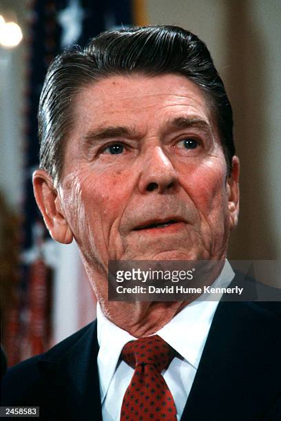 President Ronald Reagan attends a press conference in the East Room of the White House January 1, 1983 in Washington, DC.