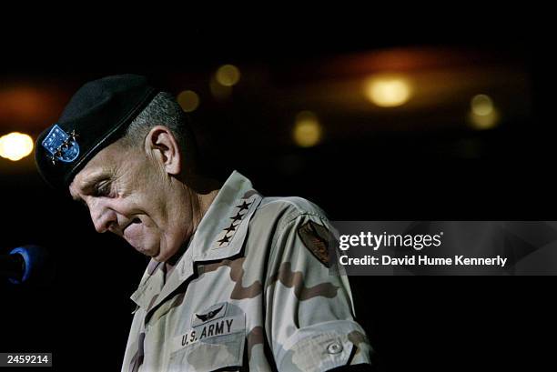 Retiring Commander of CENTCOM General Tommy Franks shows emotion during his change-of-command ceremony July 7, 2003 in Tampa, FL. Franks is being...