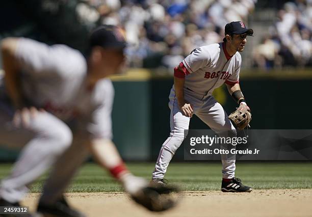 Nomar Garciaparra of the Boston Red Sox readies for the play against the Seattle Mariners during the American League game at Safeco Field on August...