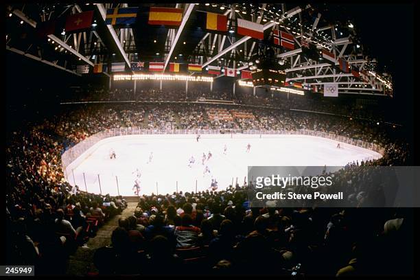 General view of the arena during the gold medal game between the United States and Finland at the Winter Olympics in Lake Placid, New York. The...