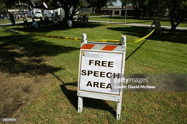 Small "free speech area" sign is shown posted in an area which saw little use as gubernatorial candidate Arnold Schwarzenegger rallied approximately...