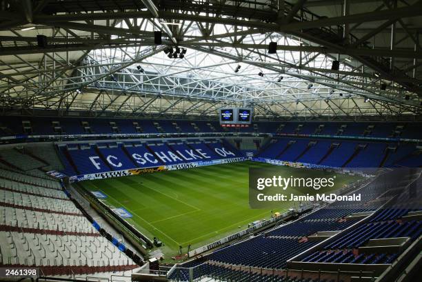 General view of the Arena AufSchalke taken during the German Bundesliga match between FC Schalke 04 and Borussia Dortmund held on August 2, 2003 at...