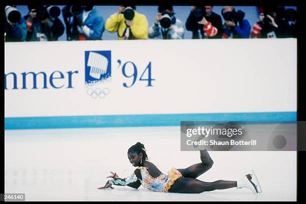 Surya Bonaly of France competes in the women''s figure skating technical program during the Winter Olympics in Lillehammer, Norway.