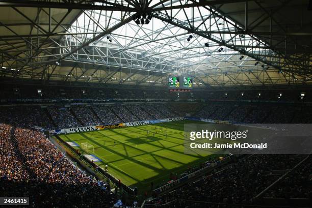 General view of the Arena AufSchalke taken during the German Bundesliga match between FC Schalke 04 and Borussia Dortmund held on August 2, 2003 at...