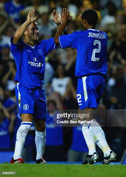 Joe Cole of Chelsea congratulates Glen Johnson of Chelsea after he scores during the UEFA Champions League Third Round, second leg Qualifier match...