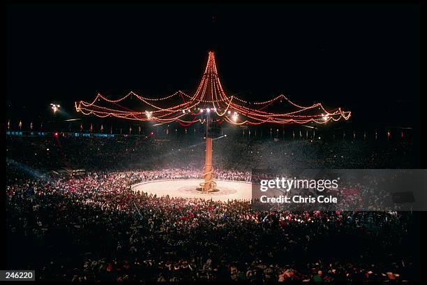 General view of the closing ceremony during the Olympic Games in Albertville, France.