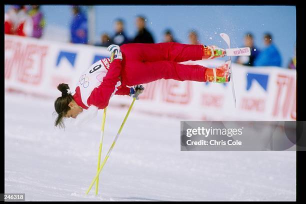 Cathy Fechoz of France does her routine during the ski ballet competition at the Olympic Games in Albertville, France. Mandatory Credit: Chris Cole...