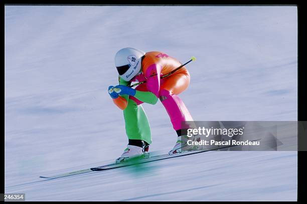 Stuart Wilkie of Great Britain skis downhill during the Olympic Games in Albertville, France. Mandatory Credit: Pascal Rondeau /Allsport