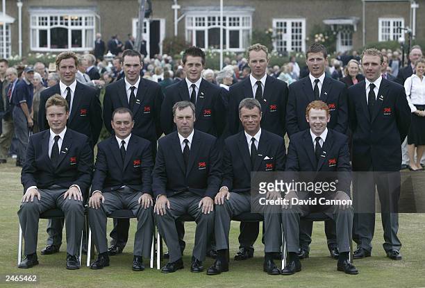 Members of the Britian and Ireland Walker Cup team pose Noel Fox from Dublin, Ireland, Oliver Wilson from Mansfield, England, Stuart Manley from...