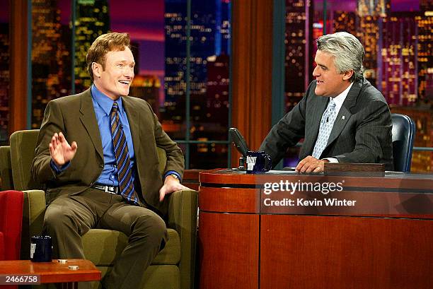 Talk show host Conan O'Brien appears on "The Tonight Show with Jay Leno" at the NBC Studios on September 5, 2003 in Burbank, California.