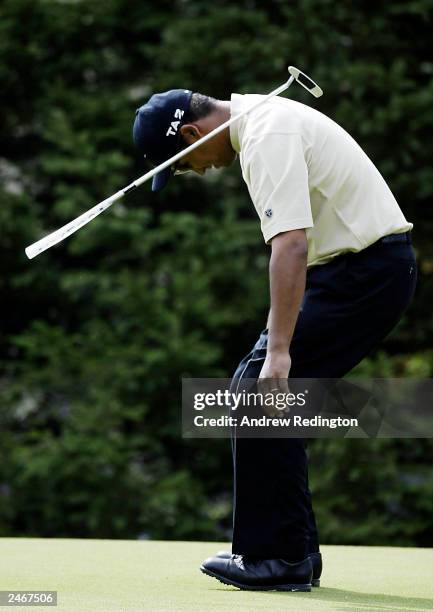 Michael Campbell of New Zealand misses his eagle putt on the 14th hole during the third round of the Omega European Masters on September 6, 2003 at...