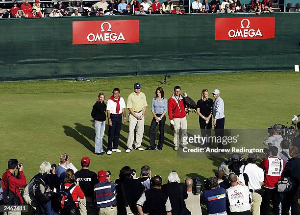 Ernie Els of South Africa, Model Cindy Crawford, Estelle Lefebure and Sergio Garia of Spain pose for a photograph during the Double Eagle Challenge...