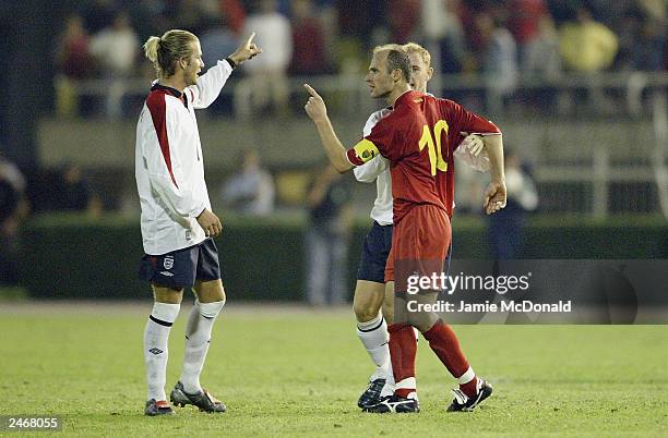 David Beckham of England argues with Artim Sakiri of Macedonia during the European Cup, Group 7 match between Macedonia and England on September 6,...