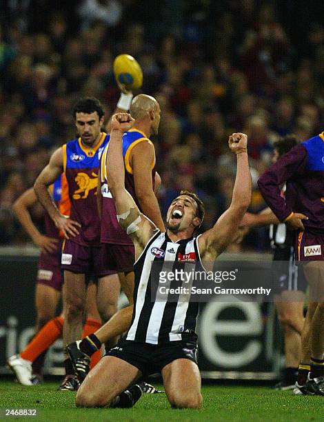 Anthony Rocca for Collingwood celebrates winning the AFL second qualifying final between the Collingwood Magpies and Brisbane Lions at the Melbourne...