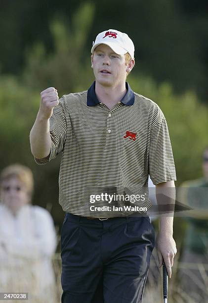 David Inglis of Great Britain and Ireland celebrates winning his match against Ryan Moore of USA during the 2003 Walker Cup at Ganton Golf Club on...