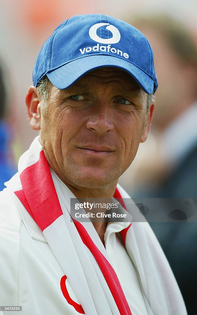 Alec Stewart of England looks pensive after England's victory