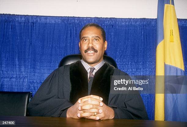 Judge James DeLeon presides over court at Veterans Stadium during a game between the New York Giants and the Philadelphia Eagles. The Giants won the...