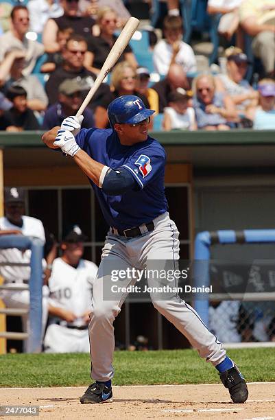 Short stop Alex Rodriguez of the Texas Rangers readies for the pitch during the game against the Chicago White Sox on August 24, 2003 at U.S....
