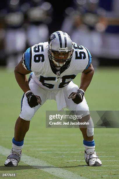 Linebacker Mike Barrow of the Carolina Panthers focuses on the play during an NFL game against the San Diego Chargers at Qualcomm Stadium on...