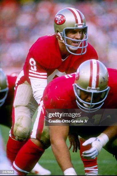 Quarterback Steve Young of the San Francisco 49ers calls the cadence during a game against the Buffalo Bills at Candlestick Park in San Francisco,...