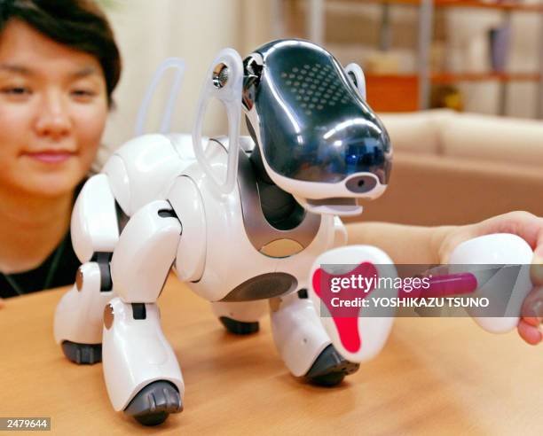 Japan's electronics giant Sony unveils the new robot dog "AIBO ERS-7" which reacts to a robot bone shaped toy AIBOne at the company's headquaters in...