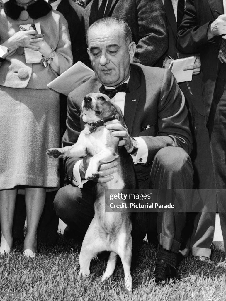 LBJ Kneeling With Pet Beagle 'Him'