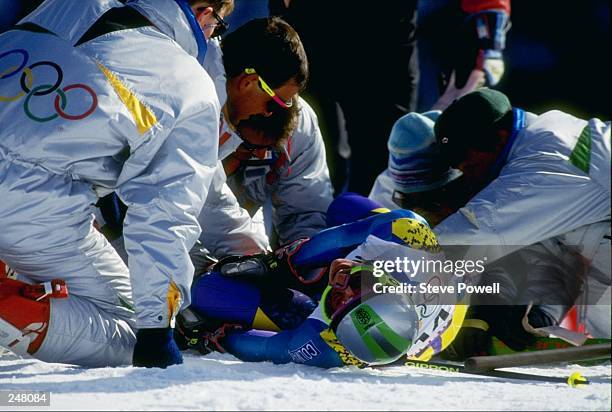 Deborah Compagnoni lays on the ground during the women''s giant slalom during the Olympic Games in Albertville, France. Mandatory Credit: Steve...