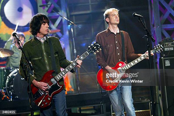 Rock band Fountains of Wayne, with Adam Schlesinger and Chris Collingwood, perform on "The Tonight Show with Jay Leno" at the NBC Studios on...