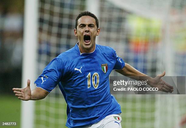 Italy's striker Filippo Inzaghi celebrates after scoring against Wales his second goal during their Euro 2004 group 9 qualifyng match at San Siro's...