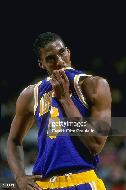 Guard Eddie Jones of the Los Angeles Lakers stands on the court during a game against the Golden State Warriors at the Oakland Coliseum in Oakland,...