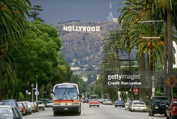 General view of the Hollywood sign on a hill above Los Angeles, California.