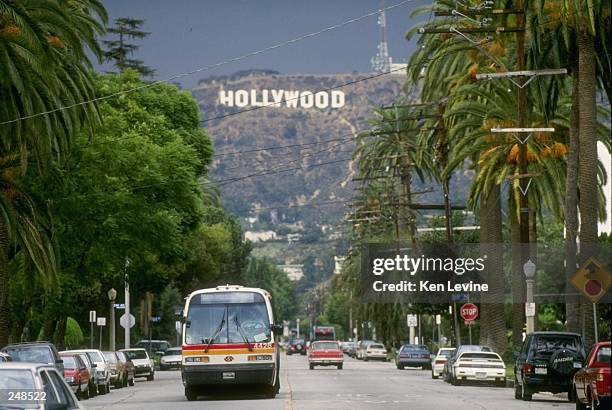 The Hollywood sign on on Mount Lee, above Los Angeles, California.