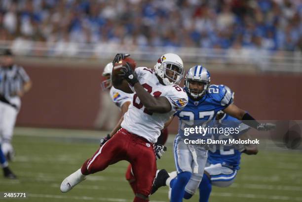 Rookie wide receiver Anquan Boldin of the Arizona Cardinals catches the ball under pressure from cornerback Jimmy Wyrick of the Detroit Lions at Ford...