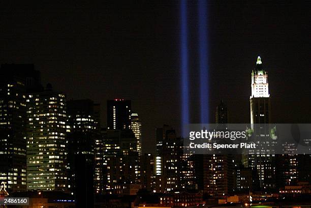 Two beams of light emulating the Twin Towers illuminate lower Manhattan on the second anniversary of the September 11 terrorist attacks September 11,...