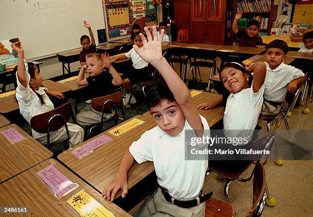 Monolingual Hispanic students raise their hands to answer a question during a class taught in Spanish at Birdwell Elementary School September 11,...