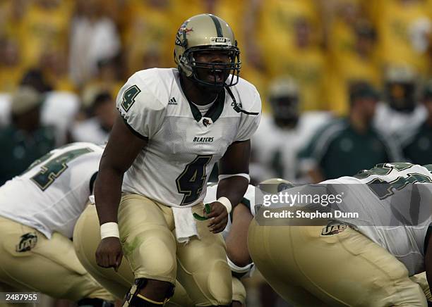 Quarterback Darrell Hackney of the University of Alabama at Birmingham Blazers calls a play during the game against the Baylor University Bears at...