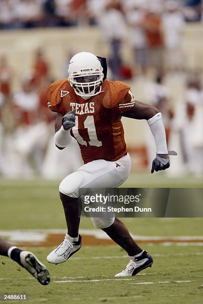 Linebacker Derrick Johnson of the University of Texas at Austin Longhorns runs during the game against the University of New Mexico Aggies at Texas...