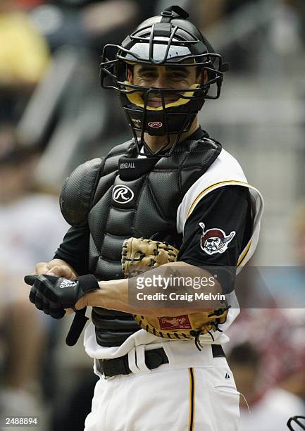 Catcher Jason Kendall of the Pittsburgh Pirates looks on during the game against the Atlanta Braves at PNC Park on August 31, 2003 in Pittsburgh,...