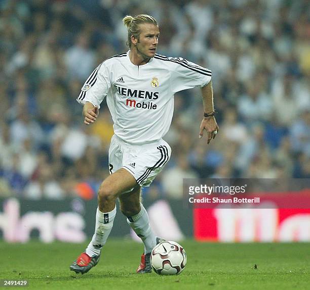 David Beckham of Real Madrid in action during the Spanish Primera Liga match between Real Madrid and Valladolid at the Santiago Bernabeu Stadium on...