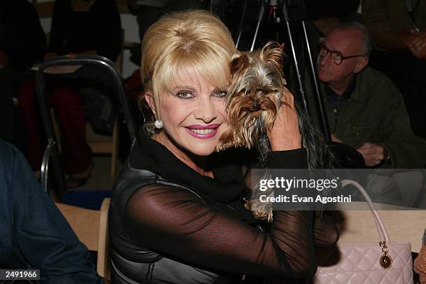 Socialite Ivana Trump and dog attend the Zang Toi Spring/Summer 2004 Fashion Show during Mercedes-Benz Fashion Week at Bryant Park September 13, 2003...