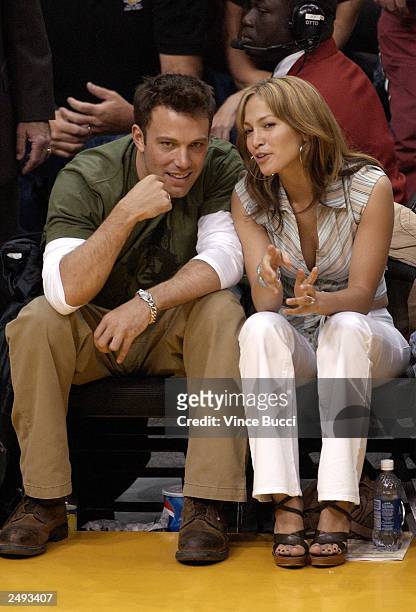 Actor Ben Affleck and his fiance actress/singer Jennifer Lopez attend the Los Angeles Lakers v. San Antonio Spurs playoff game at the Staples Center...