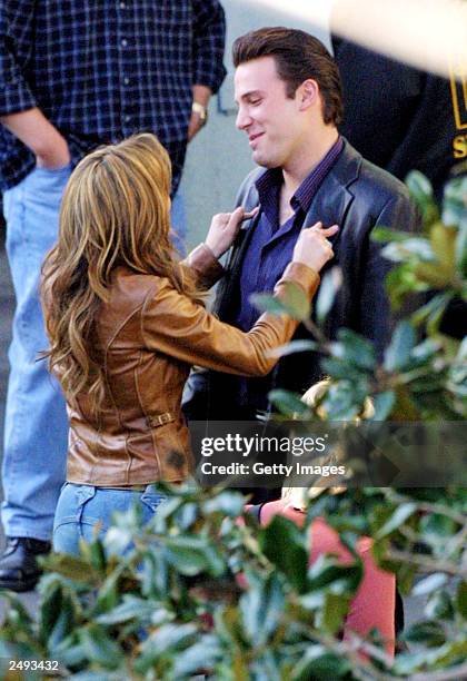 Actors Jennifer Lopez and Ben Affleck prepare to film a scene on the set of "Gigli" December 18, 2001 in West Hollywood, California. Lopez and...