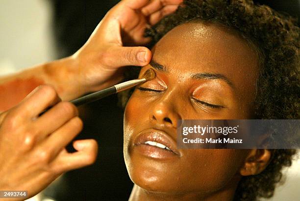 Model prepares backstage for the Alice Roi Spring/Summer 2004 Fashion Show at Maurice Villency during the 7th on Sixth Mercedes-Benz New York Fashion...