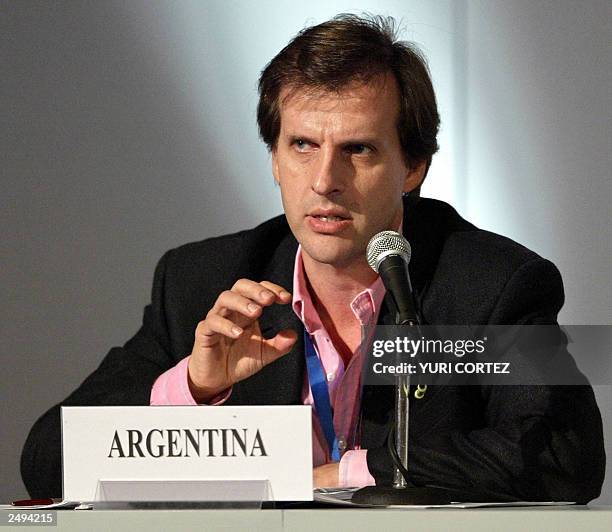 Martin Redrado, Argentina's secretary of Foreign Relations and International Trade, gestures at a press conference 14 September 2003 during the Fifth...